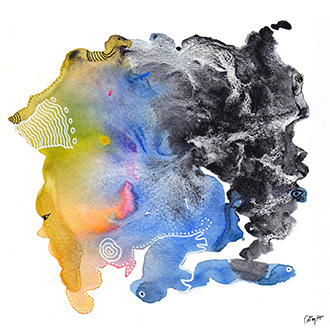 Aquarelle grabuleuse, fusion aquarelles, improvisation, cr&eacute;atures imaginaires, jaune, bleu, rose, noir, fine liner